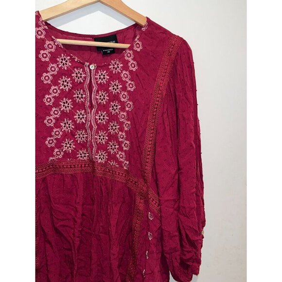 LIV Los Angeles Burgundy Elastic Sleeve Embroidered Boho Blouse Women's Size 2X - Picture 2 of 9